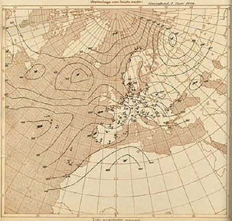 El mapa europeo-atlántico alemán a las 00 UTC del 6 de junio de 1944, donde el análisis sobre el Atlántico norte parece no estar basado en observaciones sino en análisis codificados estadounidenses interceptados.